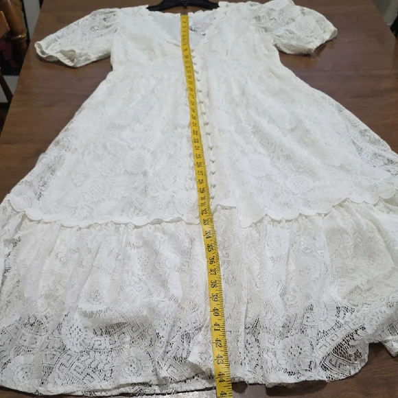 By The River Elegant White Lace Dress‎ Midi Casual Wedding Size Large V-neck - Picture 11 of 15